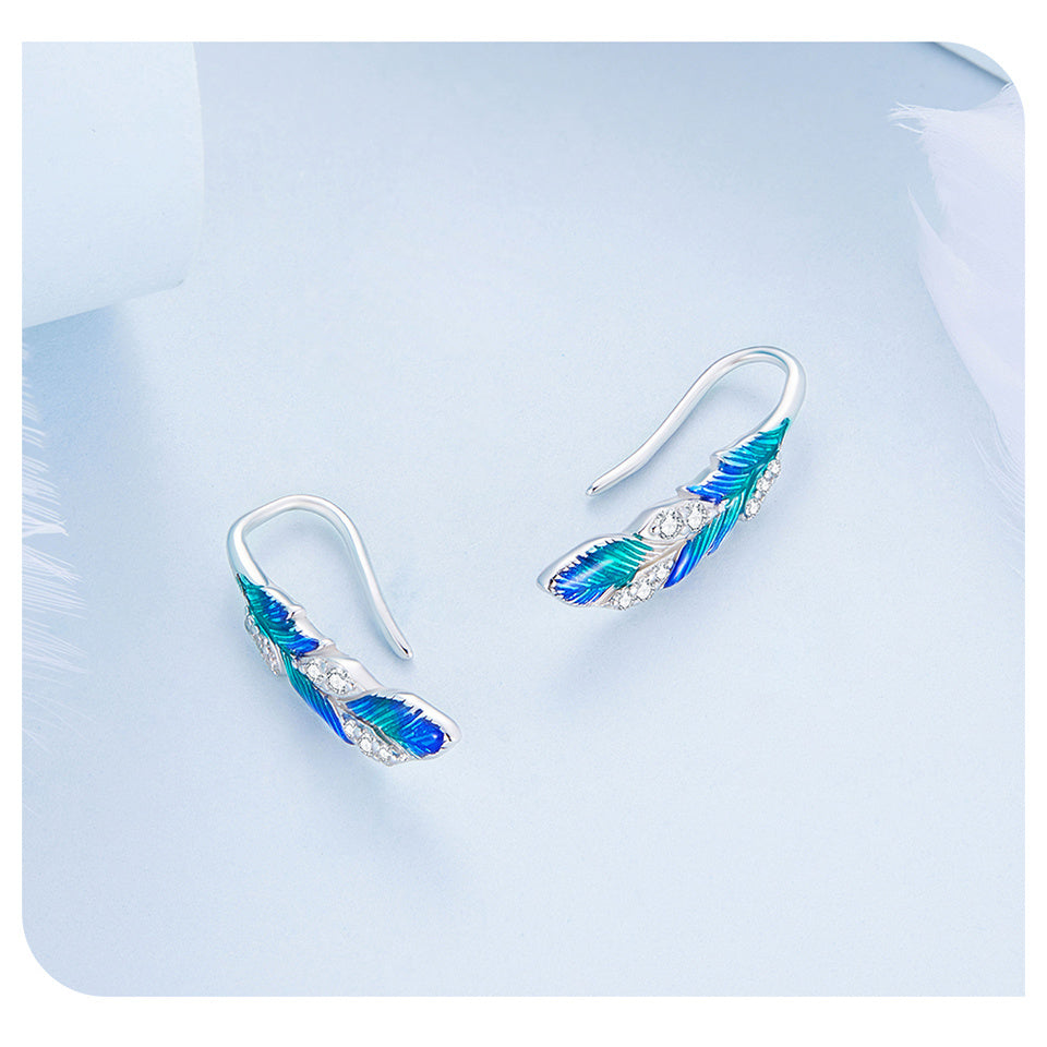 Sterling 925 Silver Exquisite Feather Design Dangle Earrings Elegant Cute Style Delicate Gift For Women