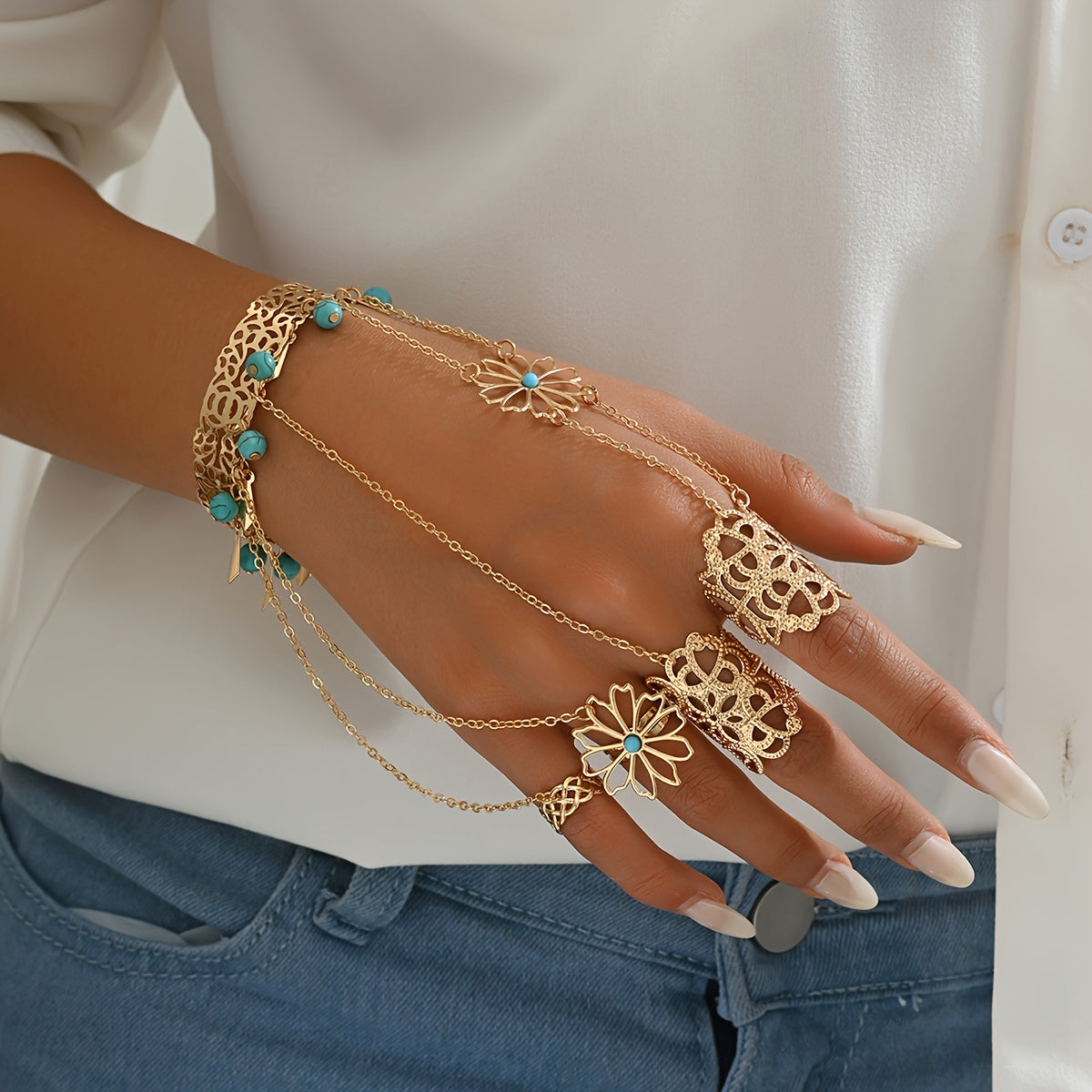 Boho-Chic Golden Hollow Floral Finger Bracelet with Blue Turquoise Tassel - Alloy, Resin Inlay for Vacation & Party Wear