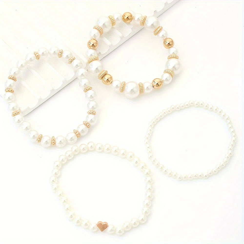 4pcs White Faux Pearls Beads Beaded Bracelet Set Elegant Handmade Hand String Jewelry Accessory