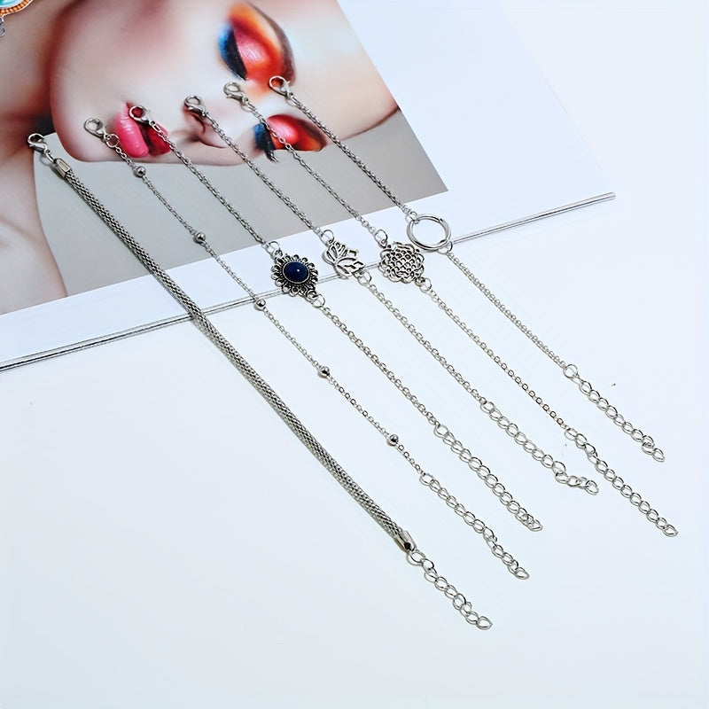 Six-piece Bohemian Ethnic Style Personalized Bracelet Set with Simple Hollow Lotus Leaf Round Stone Flower Pieces