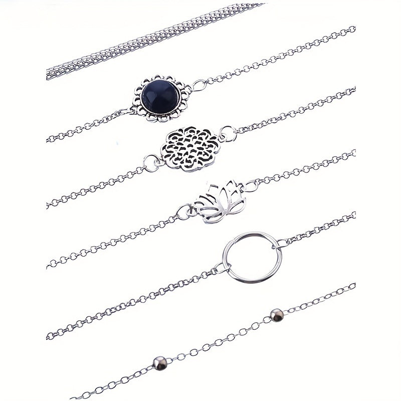 Six-piece Bohemian Ethnic Style Personalized Bracelet Set with Simple Hollow Lotus Leaf Round Stone Flower Pieces