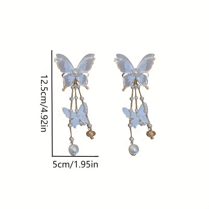 Elegant Butterfly Tassel Earrings with Crystal & Faux Pearl Accents, 925 Silver Posts - Perfect for Casual Attire or Parties, Pearl, Earrings, Elegant Style