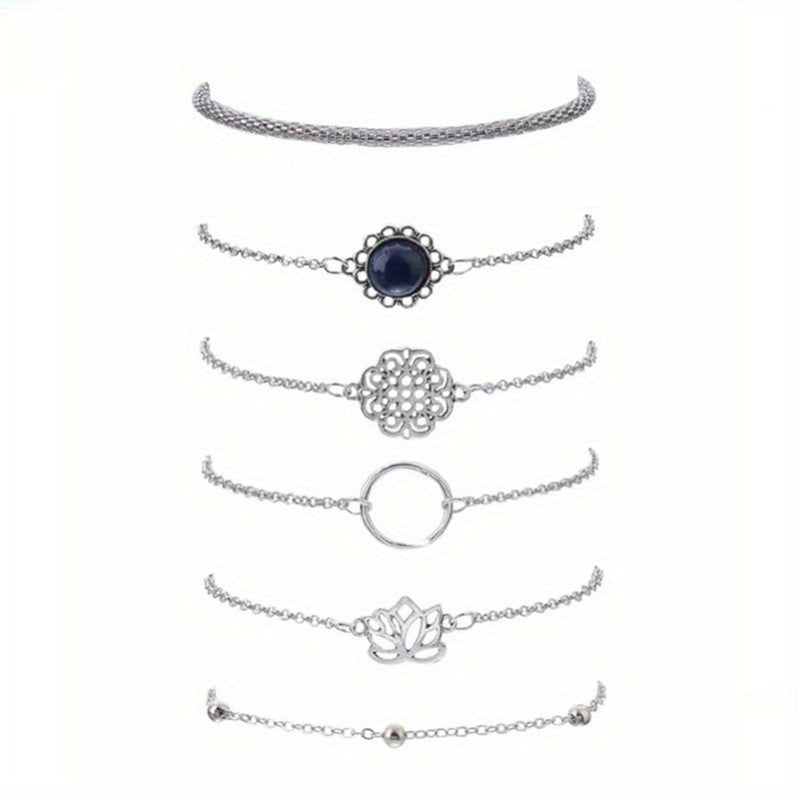 Six-piece Bohemian Ethnic Style Personalized Bracelet Set with Simple Hollow Lotus Leaf Round Stone Flower Pieces