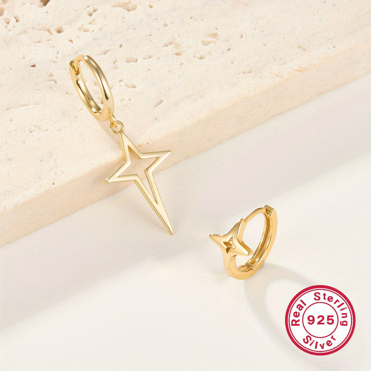 925 Sterling Silver Nickel-Free Hypoallergenic Hoop Earrings - Dazzling Asymmetric Star Design, Elegant Punk Style - Unique, Comfort-Fit for Trendsetting Women