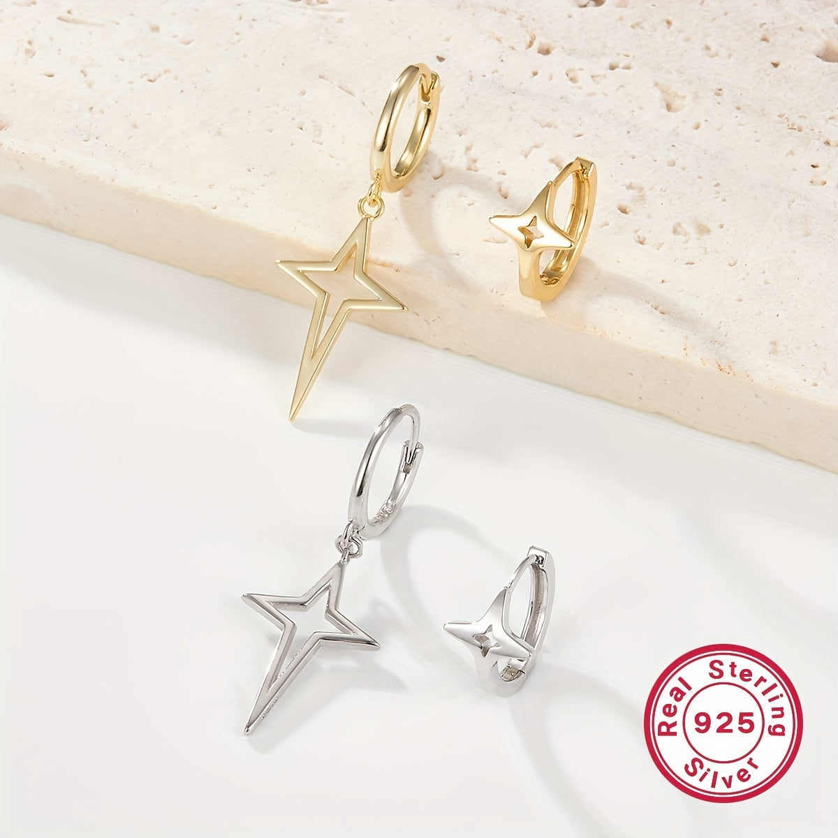 925 Sterling Silver Nickel-Free Hypoallergenic Hoop Earrings - Dazzling Asymmetric Star Design, Elegant Punk Style - Unique, Comfort-Fit for Trendsetting Women