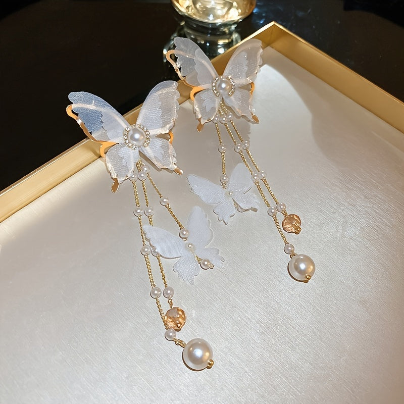 Elegant Butterfly Tassel Earrings with Crystal & Faux Pearl Accents, 925 Silver Posts - Perfect for Casual Attire or Parties, Pearl, Earrings, Elegant Style