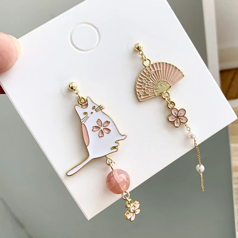 Vintage Chinese Style Flower Fan Earrings for Women Cute Asymmetrical Crane Cat Drop Earring 2022 New Trend Charm Jewelry