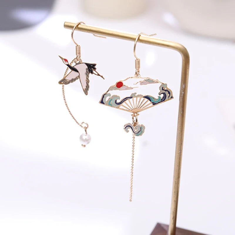 Vintage Chinese Style Flower Fan Earrings for Women Cute Asymmetrical Crane Cat Drop Earring 2022 New Trend Charm Jewelry
