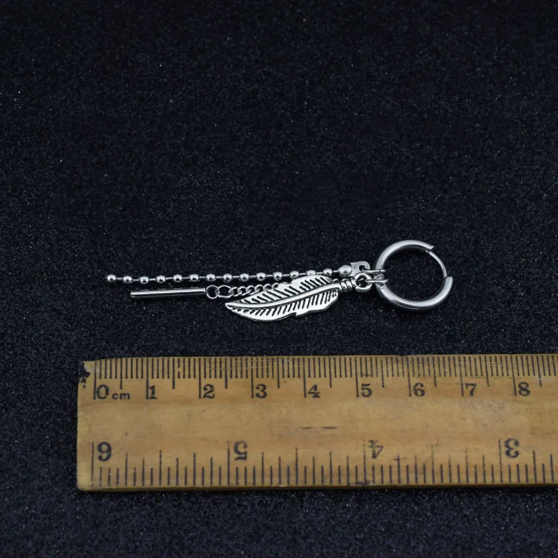 1 PC Boy Korean Punk Stainless Steel Cross Hoop Earring For Men Long Chain Tassel Leaf Moon Rock Hip Hop Piercing Stud Jewelry