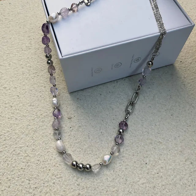 kshmir Natural stone blue crystal necklace baroque natural freshwater pearl niche design feeling fresh clavicle chain women