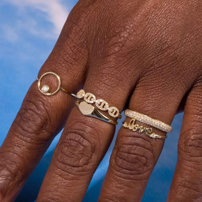 Hip Hop Link Ring for Women Gold Color Micro-inlaid Zircon Stacking Rings Female Jewelry Fashion Punk Accessories Wholesale R720