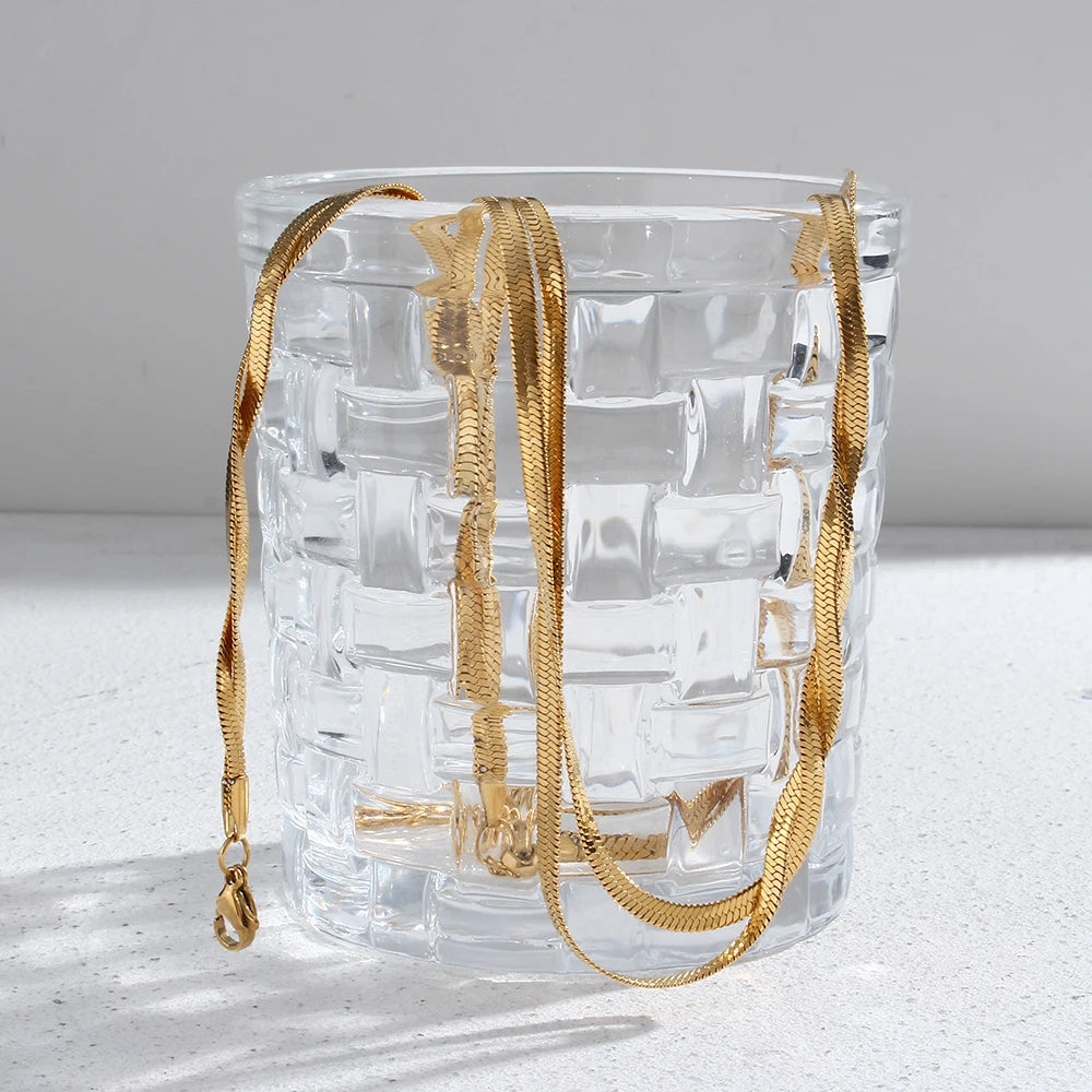 E.B.belle Gold Plated Waterproof Braided Herringbone Chain Necklace Bracelets Set Wholesale Stainless Steel Jewelry For Women