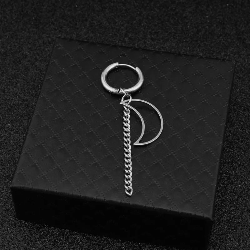 1 PC Boy Korean Punk Stainless Steel Cross Hoop Earring For Men Long Chain Tassel Leaf Moon Rock Hip Hop Piercing Stud Jewelry