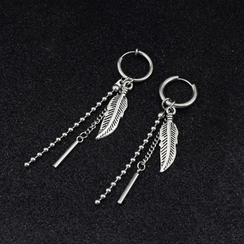 1 PC Boy Korean Punk Stainless Steel Cross Hoop Earring For Men Long Chain Tassel Leaf Moon Rock Hip Hop Piercing Stud Jewelry
