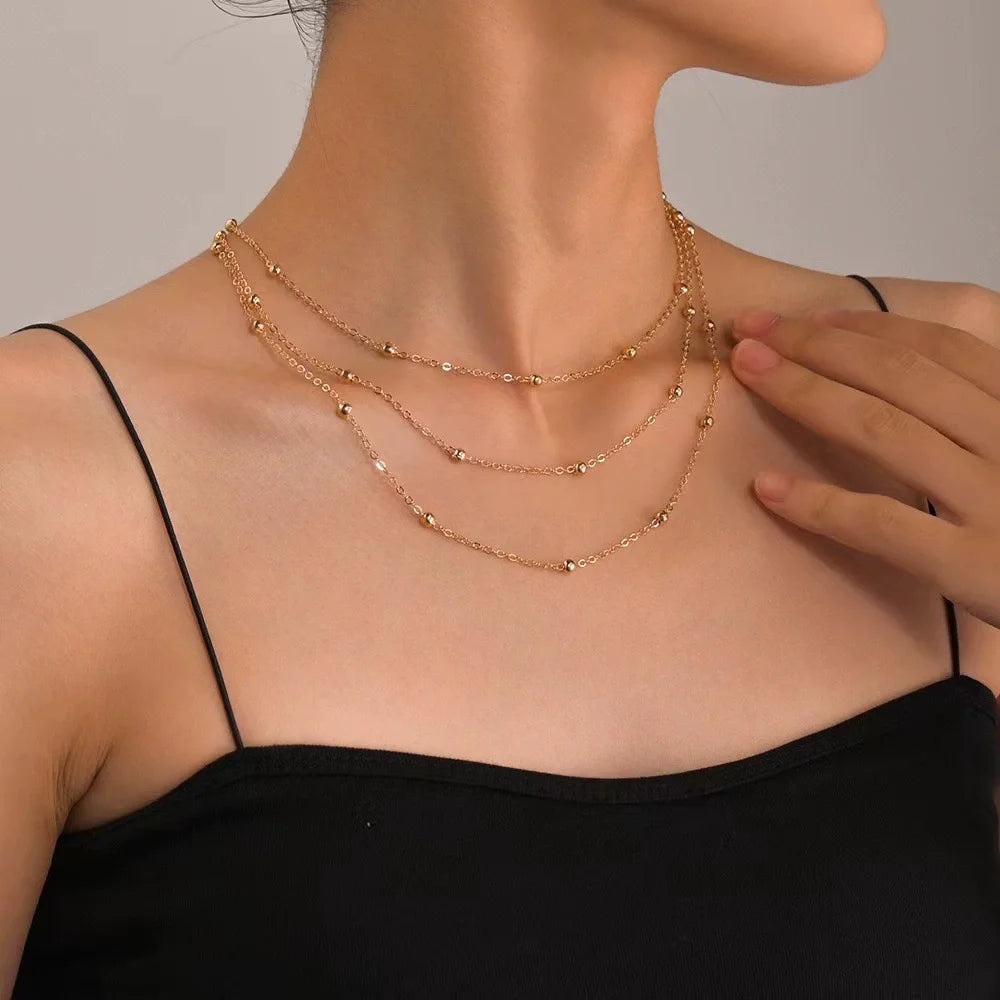 Stainless Steel Necklace New High-end Atmosphere Delicate Beads Multi-Layers Chain Bone Necklace For Women Jewelry Party Gifts