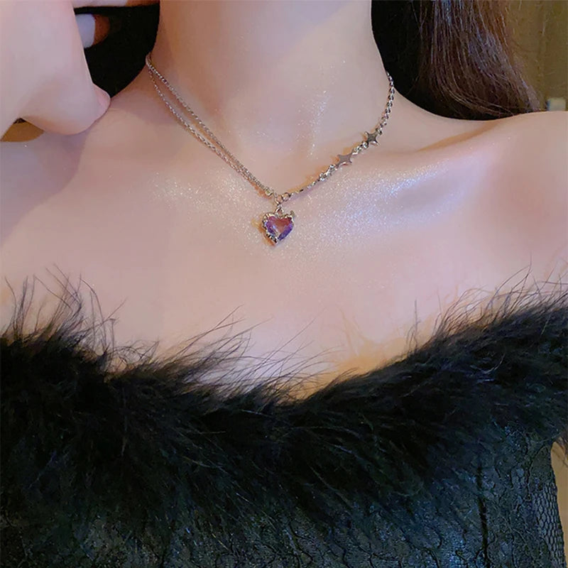 Y2k Heart Star Pendant Necklace Women's Fashion Cool Silver Color Chain Necklace Rhinestone Clavicle Chain Daily Jewlery Gifts