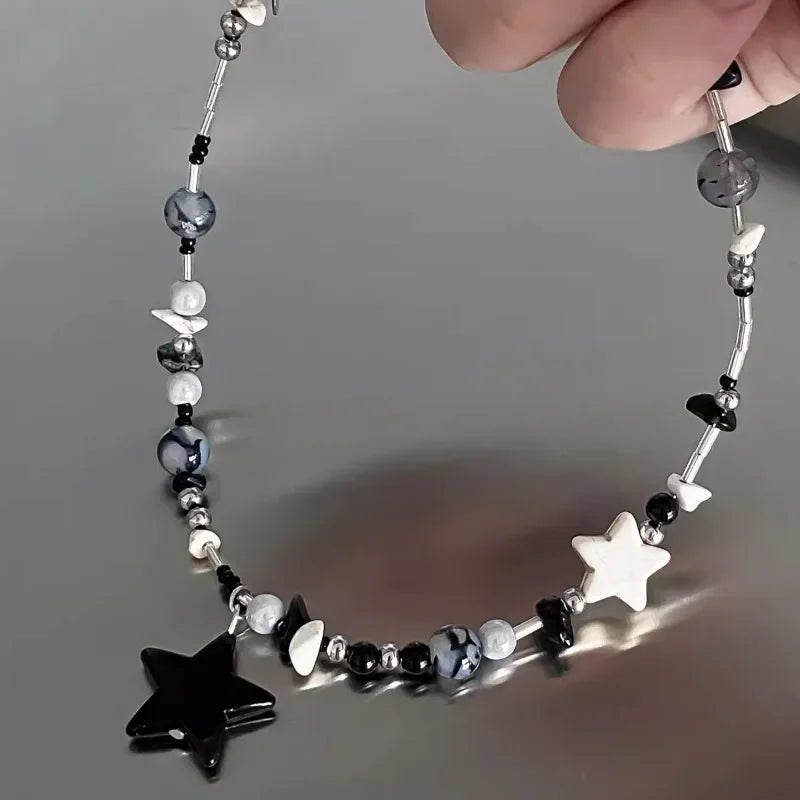 Y2K Black Star Pendant Necklace Women Sweet Cool Neck Jewelry Girls Personalized Lightweight Resin Pentagram Bead Necklace Gift