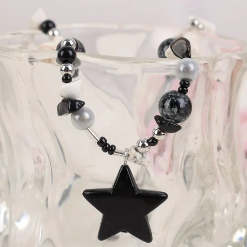 Y2K Black Star Pendant Necklace Women Sweet Cool Neck Jewelry Girls Personalized Lightweight Resin Pentagram Bead Necklace Gift