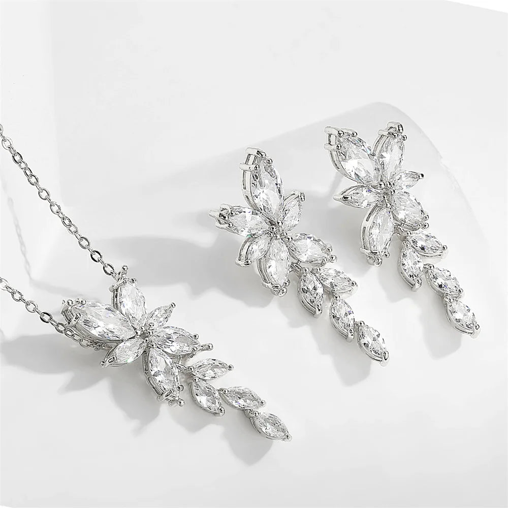 ZAKOL Fashion Leaf Zircon Wedding Earrings for Women White Gold Color Marquise Crystal Bridal Earring Party Jewelry Gift