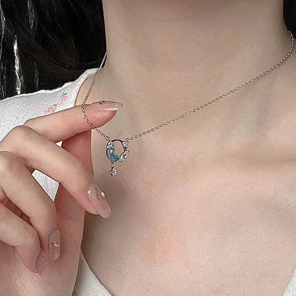 Y2k Heart Star Pendant Necklace Women's Fashion Cool Silver Color Chain Necklace Rhinestone Clavicle Chain Daily Jewlery Gifts