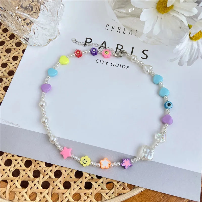 Y2K Flowers Charms Pearl Choker Necklace For Women Boho Colorful Beaded Clavicle Chain Short Necklaces Jewelry Gift 2024