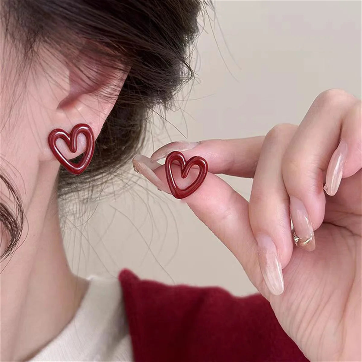 Vintage Trendy Red Enamel Geometric Round Heart Stud Earrings For Women Light Luxury Imitation Pearl Square Oval Earring Jewelry