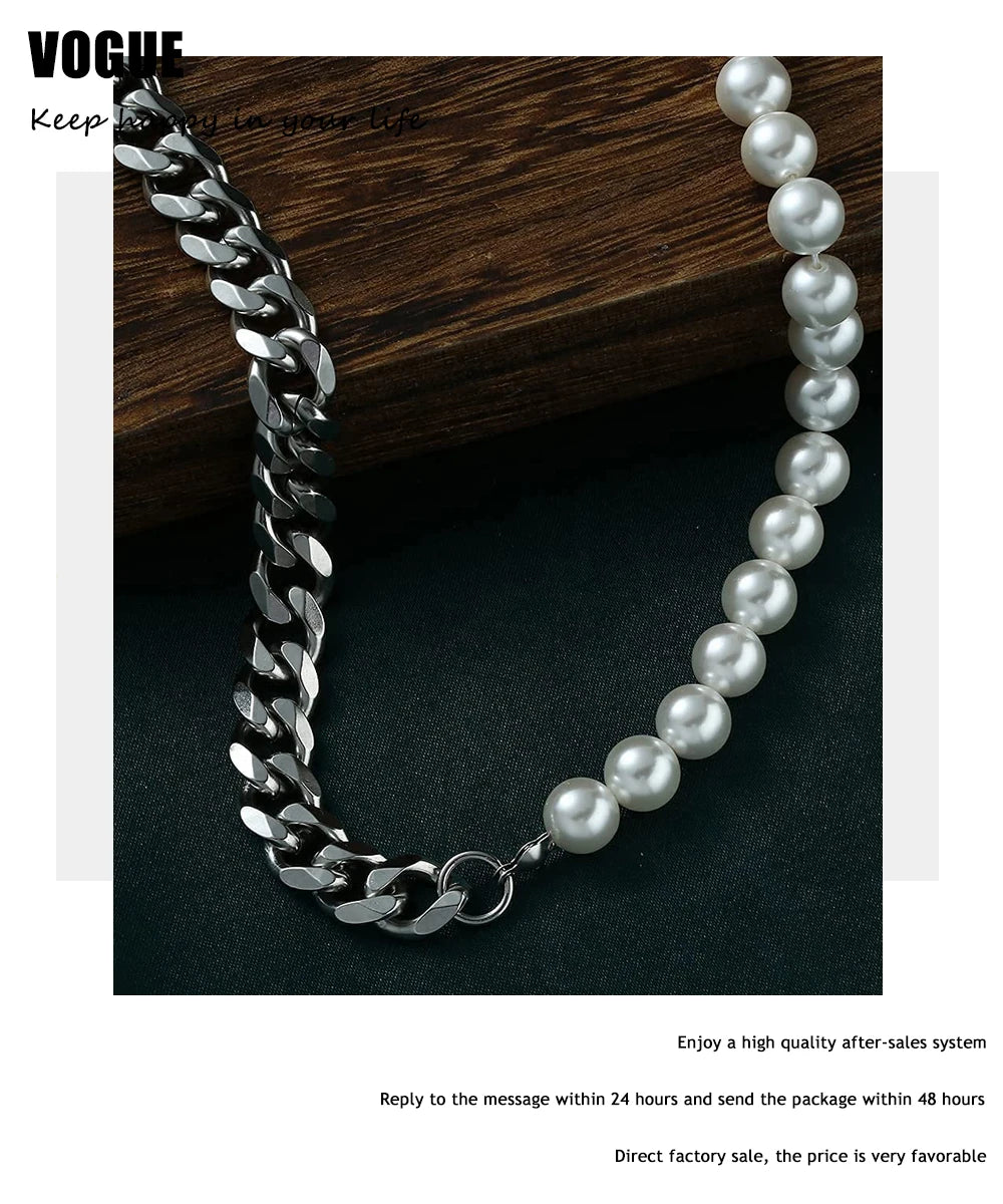 Pearl Necklace for Men-Half Pearl Half Chain Necklaces Cuban Link Chains for Men Stainless Steel Jewelry