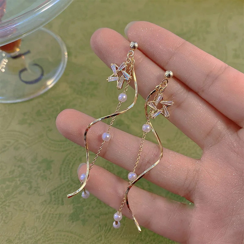 Temperament Crystal Star Tassel Drop Earrings For Women New Long Ear Line Bowknot Leaves Earrings Girls Wedding Party Jewelry