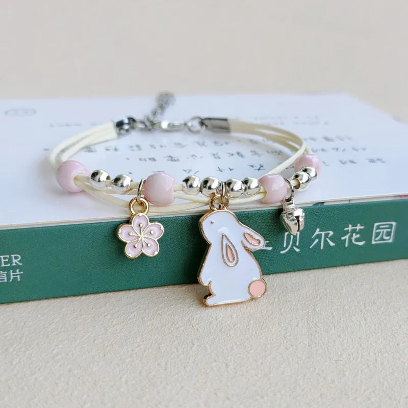 Korean Rabbit Flower Rope Bracelet for Women Girls Fashion Woven String Bell Heart Airplane Beads Friendship Party Jewelry Gifts