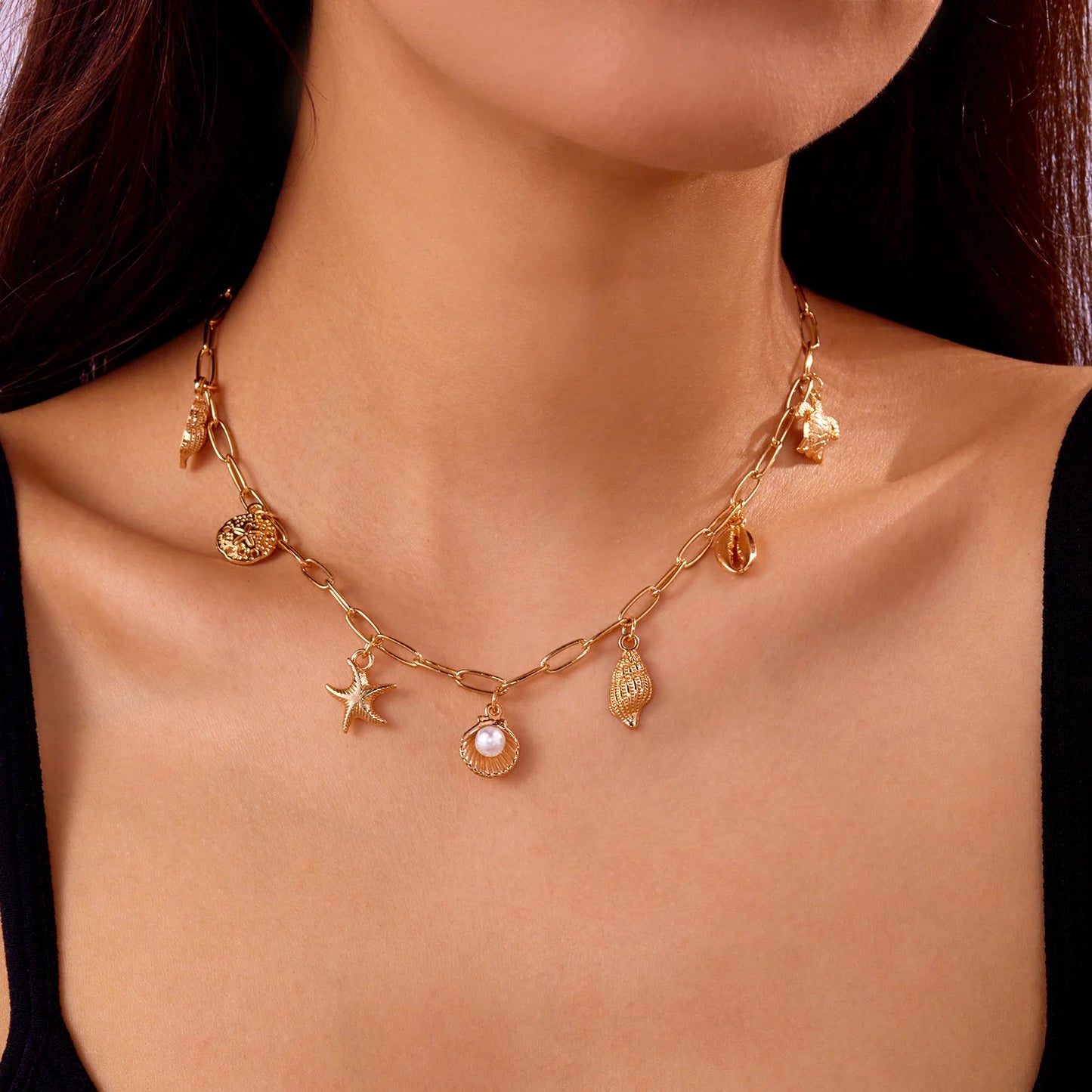 Bohemian Starfish Shell Conch Turtle Pendant Necklace for Women Imitation Pearl Charm Chain Necklace Beach Jewelry Vacation Gift