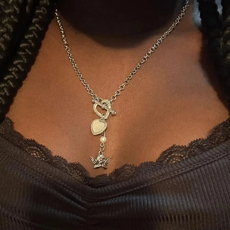 Vintage Kpop Y2K Pendant Necklaces For Women Punk Gothic Zircon Heart Cross Tassel Necklace Clavicle Choker Jewelry Gifts