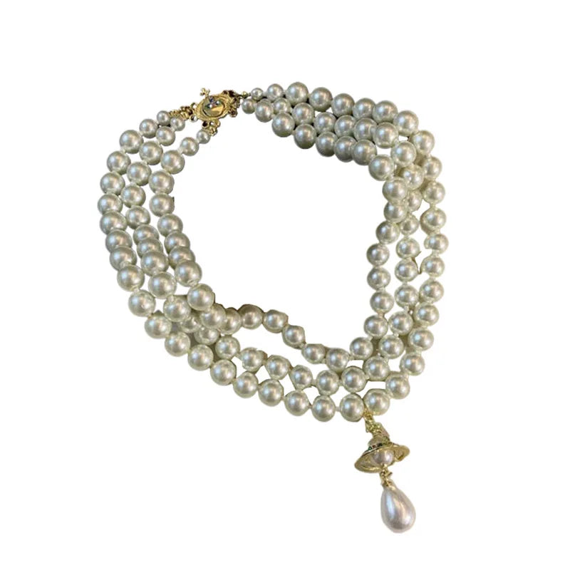 Classic Three Layers Round Pearls Beaded Collar Choker Necklace For Women Girls Irregular Water Drop Pearl Pendant Necklace Gift
