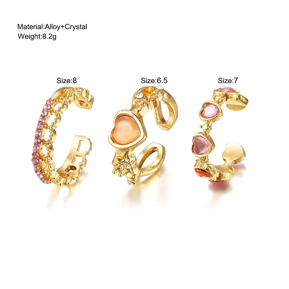 New Y2K Pink Crystal Irregular Heart Rings for Women Fashion Zircon Opening Finger Ring Sweet Girls Kpop Party Jewelry Gifts