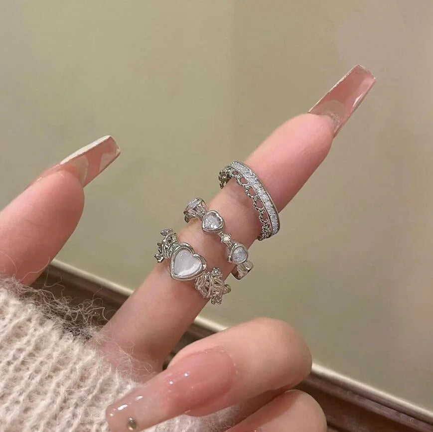 New Y2K Crystal Rings Kpop Heart Adjustable Ring Irregular Geometry Punk Vintage Rings Set for Women Girls 2024 Fashion Jewelry