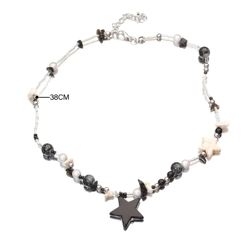 Y2K Black Star Pendant Necklace Women Sweet Cool Neck Jewelry Girls Personalized Lightweight Resin Pentagram Bead Necklace Gift