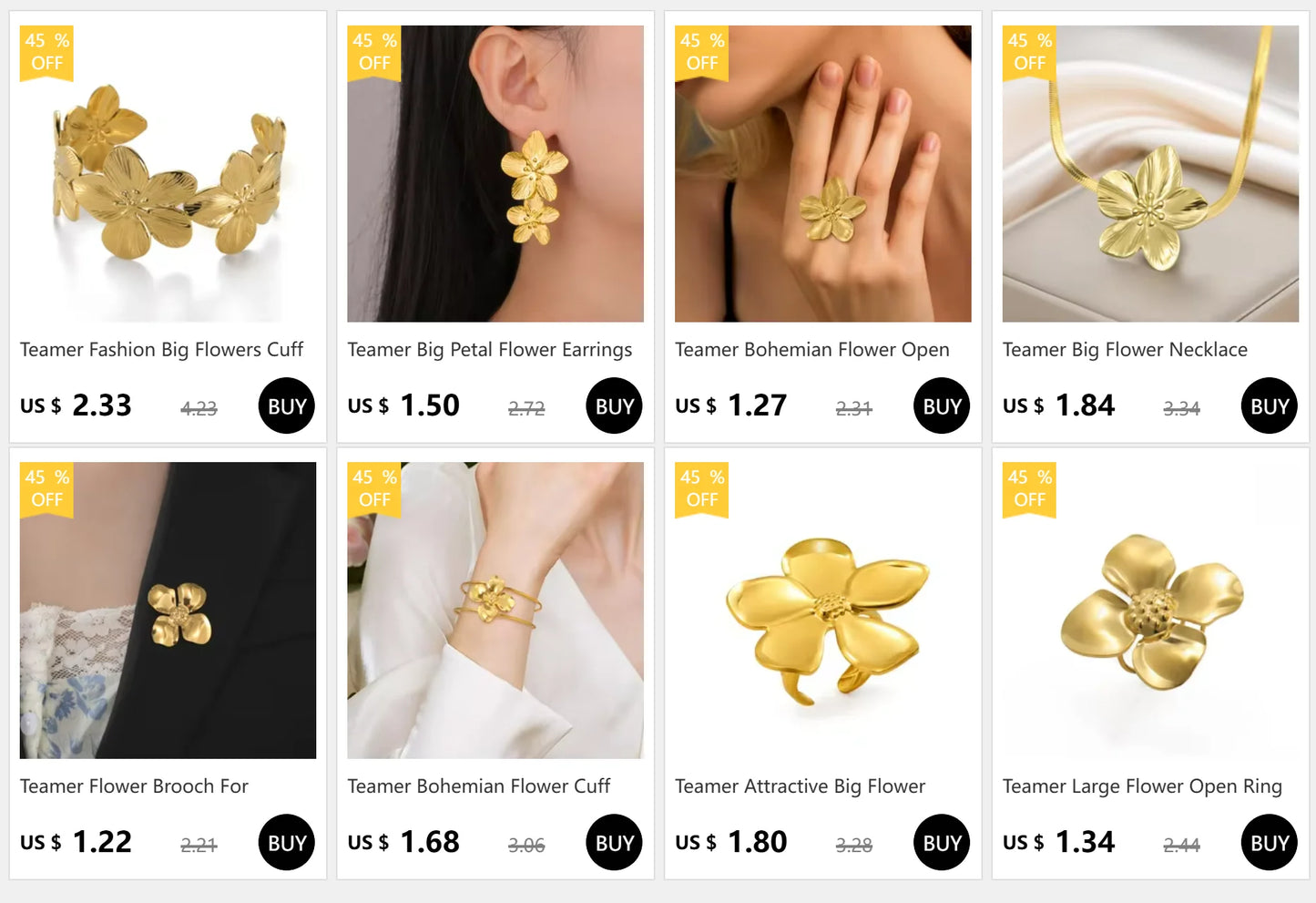 Teamer Fashion Big Flowers Cuff Bracelet for Women Stainless Steel Gold Color Bangle Bohemian Jewelry Wedding Gift