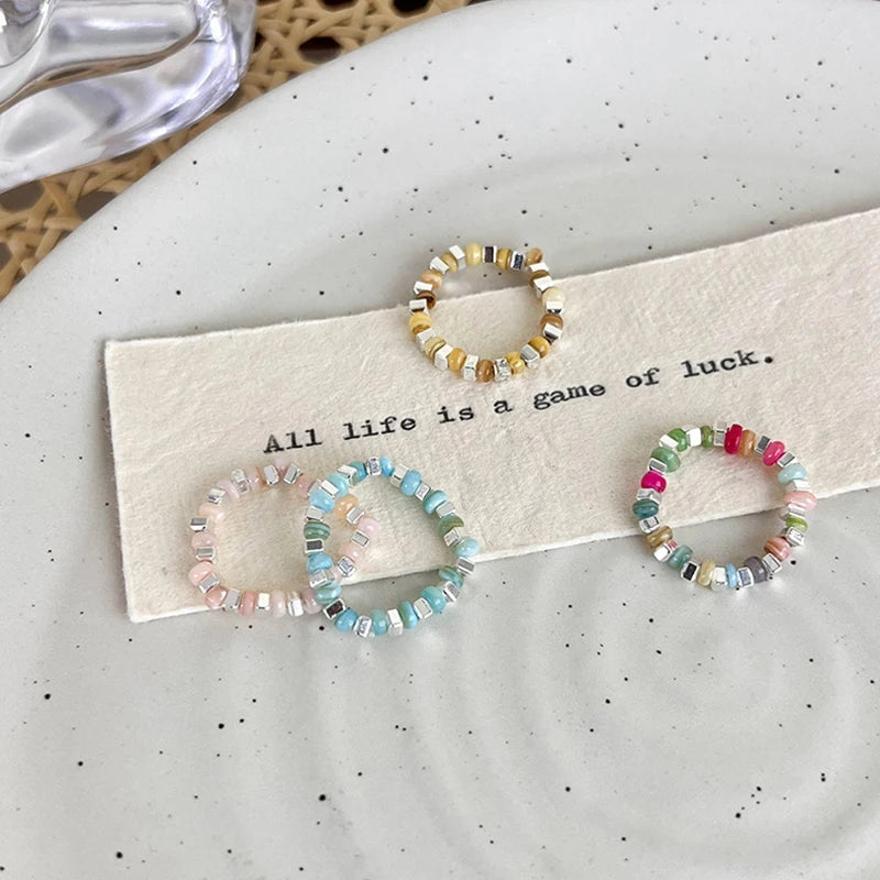 New Colorful Beaded Ring for Women Girls Sweet Personality Irregular Multi Beaded Rice Beads Geometry Metal Rings Jewelry Gifts