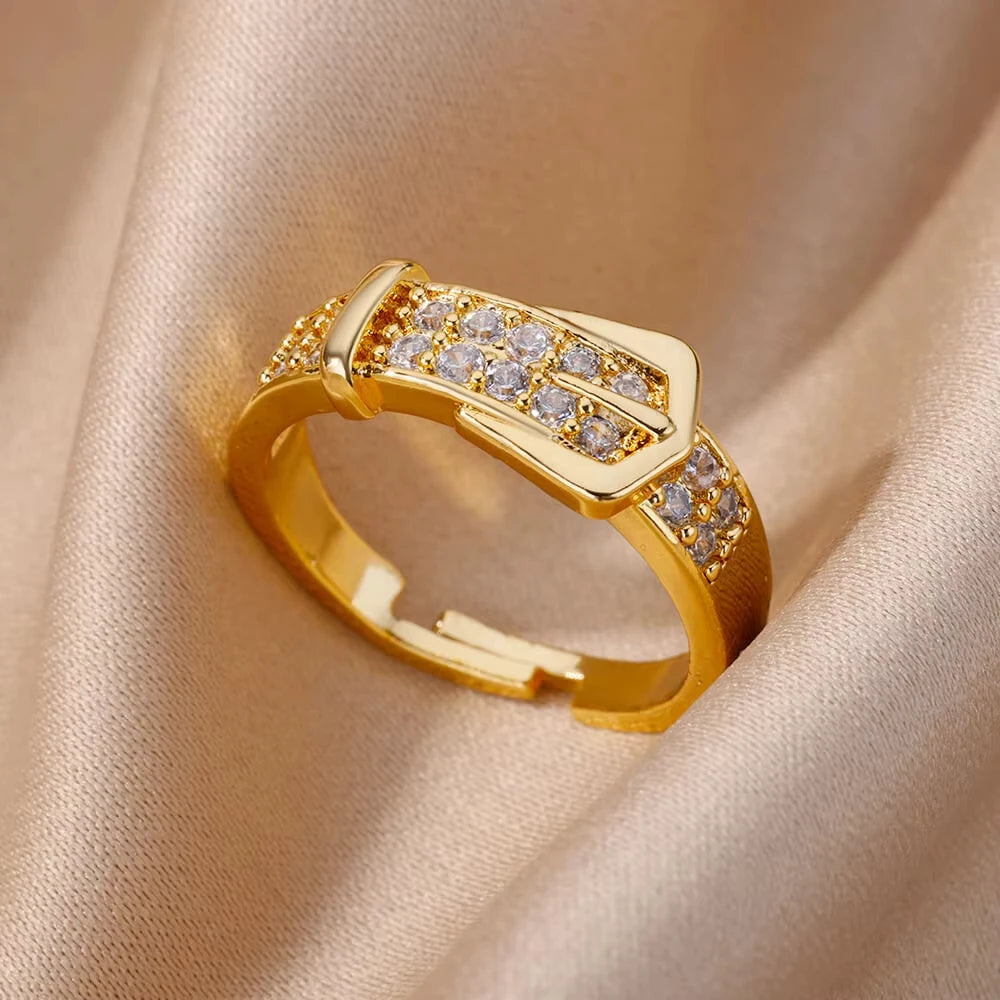 Zircon Cristal Geometric Rings For Women Stainless Steel Gold Color Adjustable Finger Ring Trendy Wedding Luxury Jewerly Gift