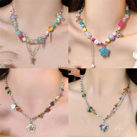 Y2k Rainbow Candy Beaded Choker Necklace Women Boho Beads Cherry Pendant Necklaces Vintage Irregular Girl Necklace Jewelry Gifts
