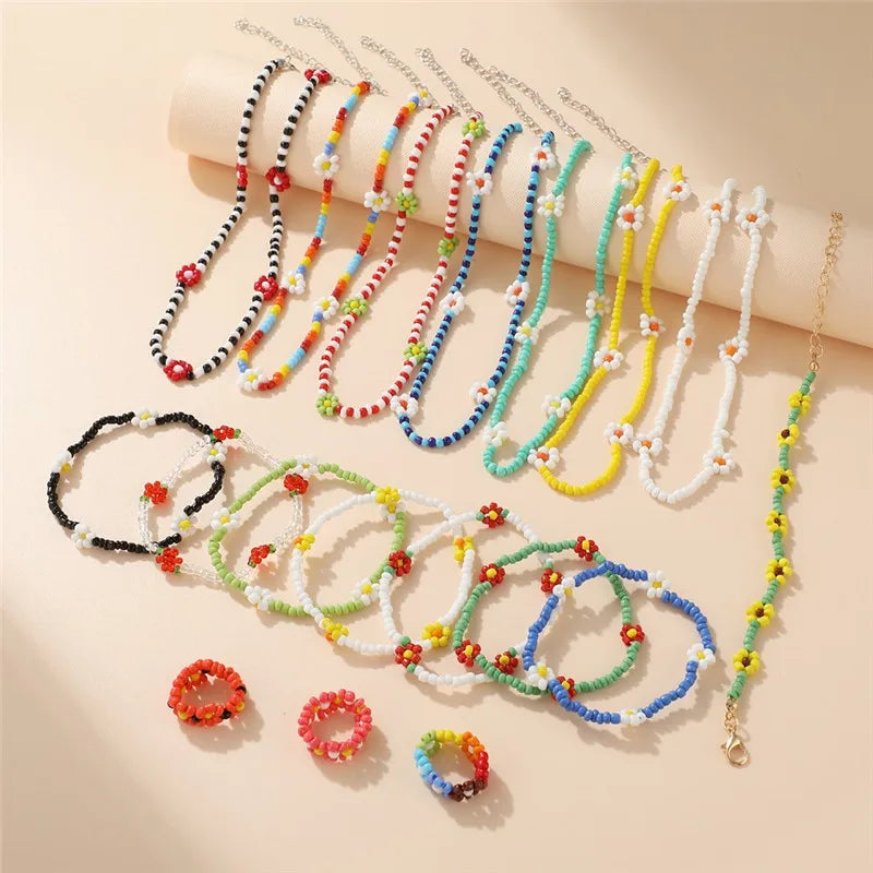 Y2K Flowers Charms Pearl Choker Necklace For Women Boho Colorful Beaded Clavicle Chain Short Necklaces Jewelry Gift 2024