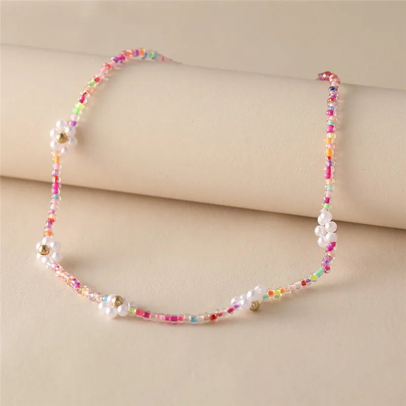 Y2K Flowers Charms Pearl Choker Necklace For Women Boho Colorful Beaded Clavicle Chain Short Necklaces Jewelry Gift 2024