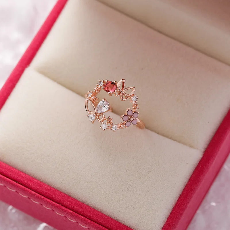 Korean CZ Sweet Crystal Zircon Heart Ring For Women Exquisite Shell Flower Opening Finger Rings Girls Princess Wedding Jewelry