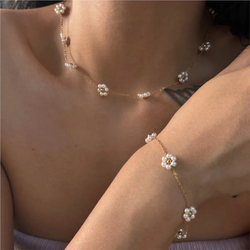 ANENJERY 316L Stainless Steel Imitation Pearl Flower Necklace Bracelet For Women Summer Simple Vintage Jewelry Set