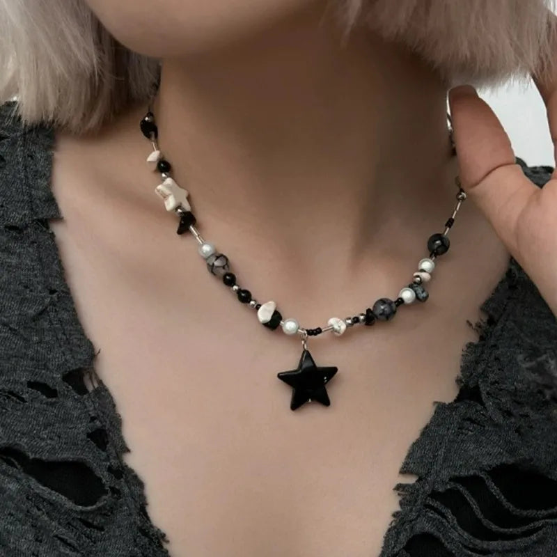 Y2K Black Star Pendant Necklace Women Sweet Cool Neck Jewelry Girls Personalized Lightweight Resin Pentagram Bead Necklace Gift