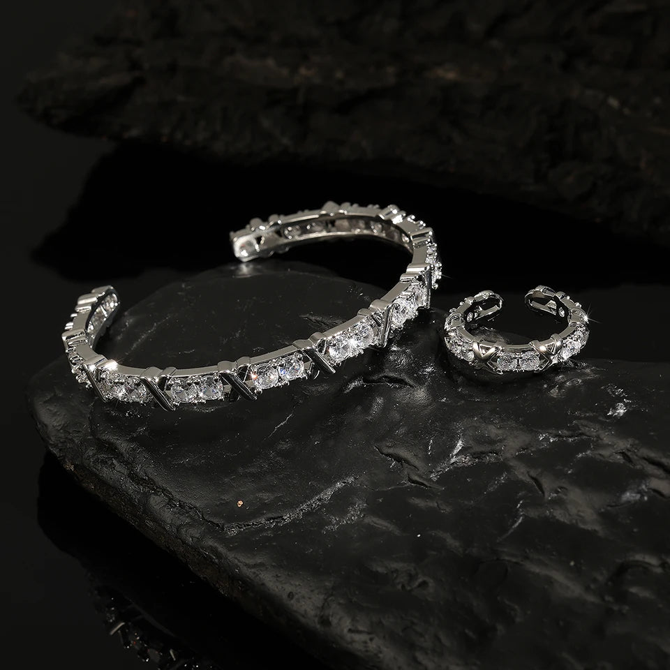 ZAKOL Fashion X Cross Zircon Bracelet Rings for Women Gorgeous Wedding Engagement Party Jewelry Set Factory Wholesale