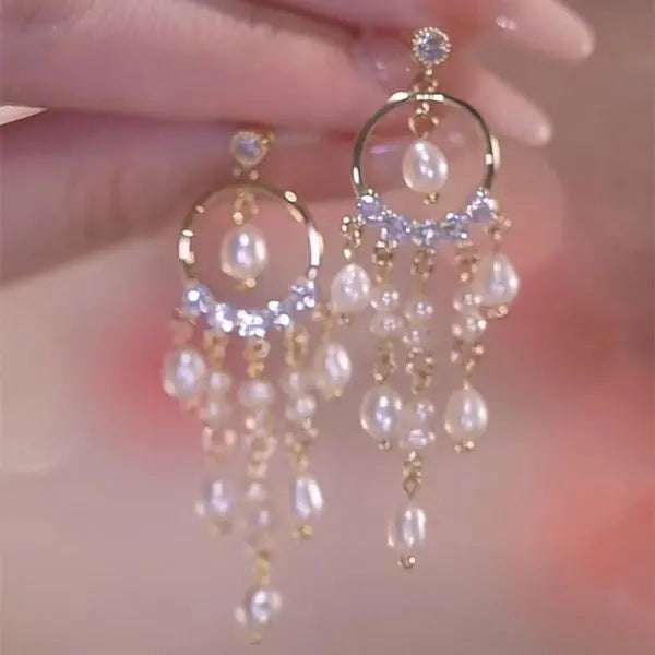 Korean Exquisite Imitation Pearl Tassel Drop Earring For Women Shiny  Zircon Flower Leaf Long Ear Line Geometric Earring Jewelry