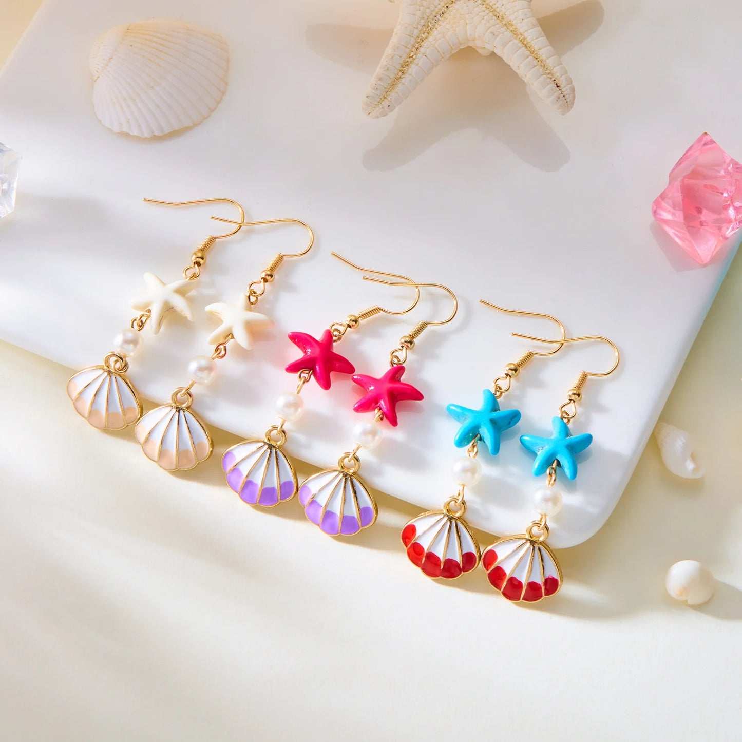 Fashion Ocean Style Shell Starfish Drop Earrings For Women Boho Retro Enamel Seashell Conch Dangle Earrings Beach Party Jewelry