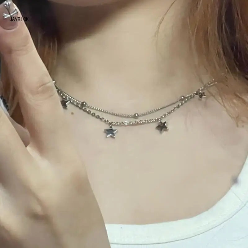 Y2K Star Necklace Double Layer Five-pointed Star Necklace Pendant Choker Five-Pointed Star Pendant Necklace for Women D0LC