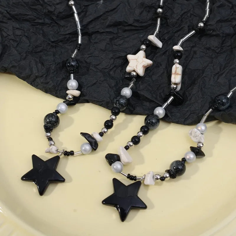 Y2K Black Star Pendant Necklace Women Sweet Cool Neck Jewelry Girls Personalized Lightweight Resin Pentagram Bead Necklace Gift