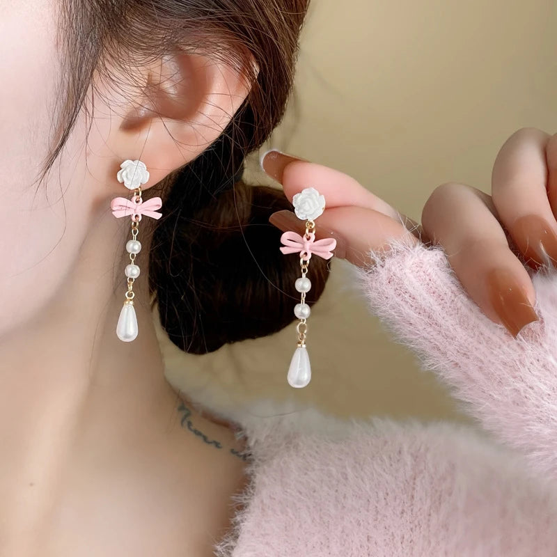 Delicate Sweet Flower Bow Pearl Drop Earrings for Women Elegant Bowknot Long Tassel Earrings Girls Party Wedding Jewelry Gift
